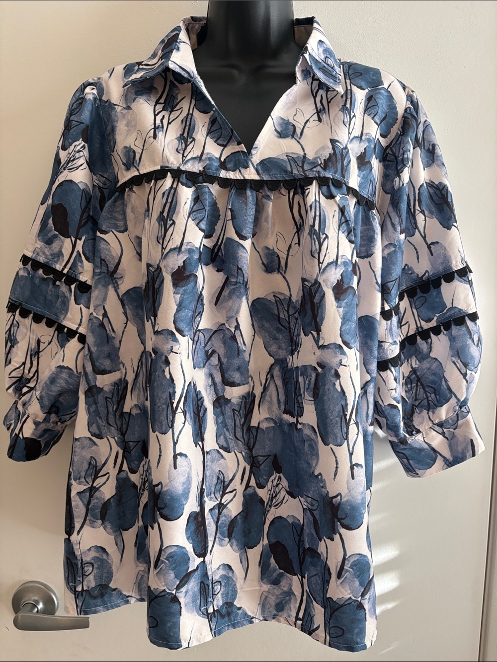 Blue Floral Cotton Preppy Collared BOHO Tunic Puff Sleeve with Pom-Pom Trim SZ L
